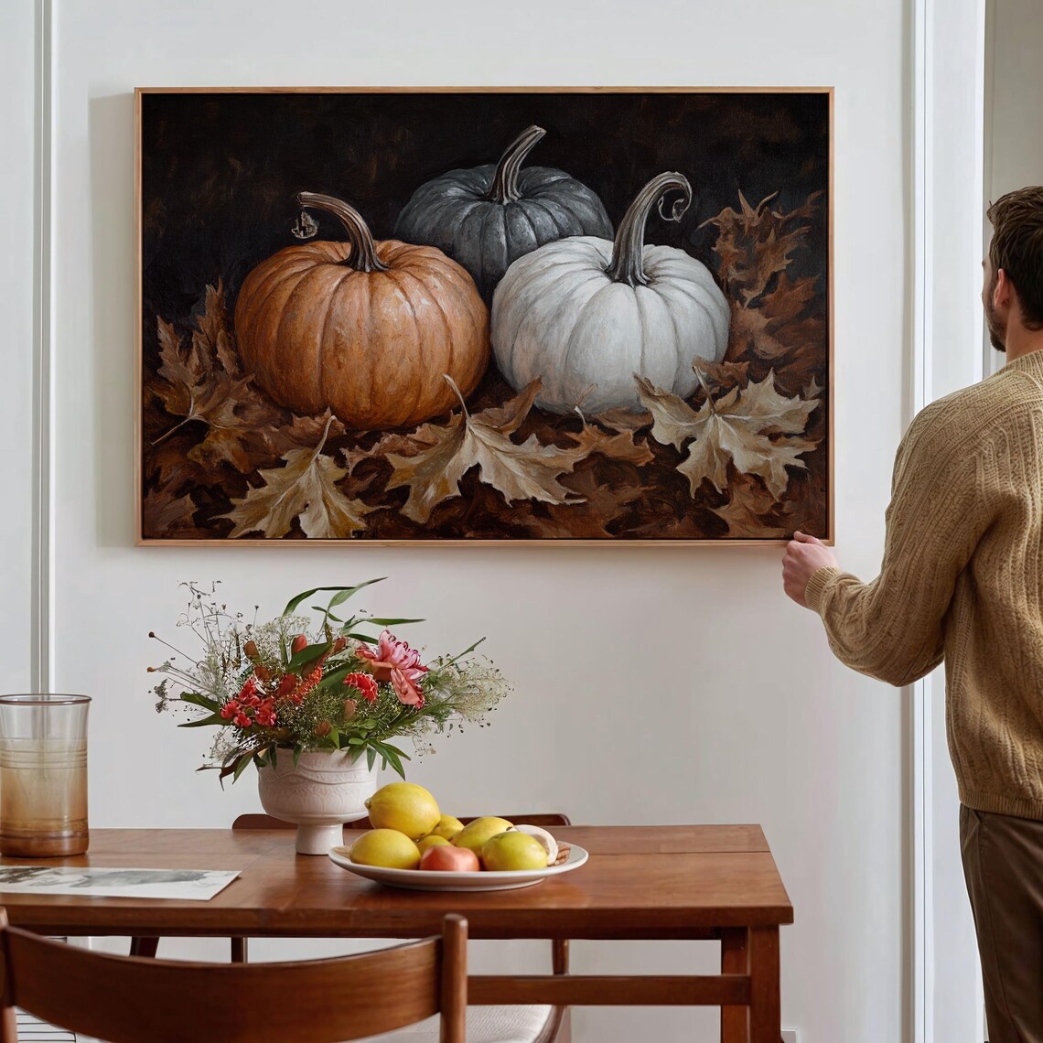 Rustic Pumpkins Autumn Leaves Orange Grey White Harvest Fall Poster Art