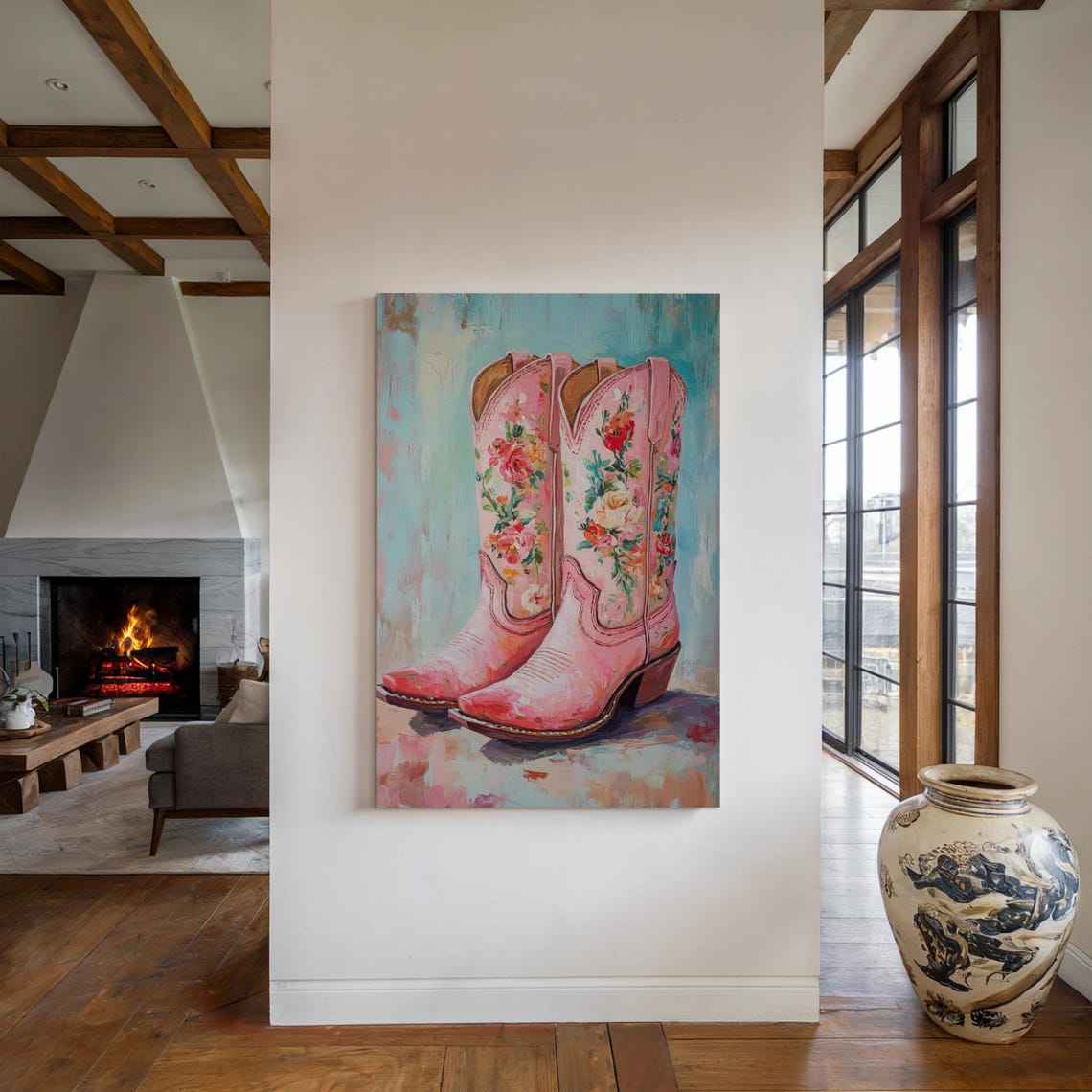 Pink Floral Cowgirl Boots on Turquoise Western Style Wall Poster - Image 3