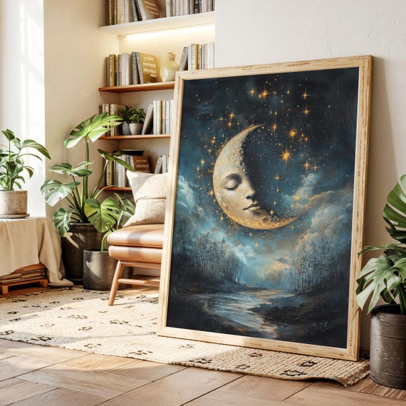 Surreal Moon Face Canvas Dreamy Crescent With Stars Over A Twilight River Landscape Celestial Fantasy Art For Whimsical Decor
