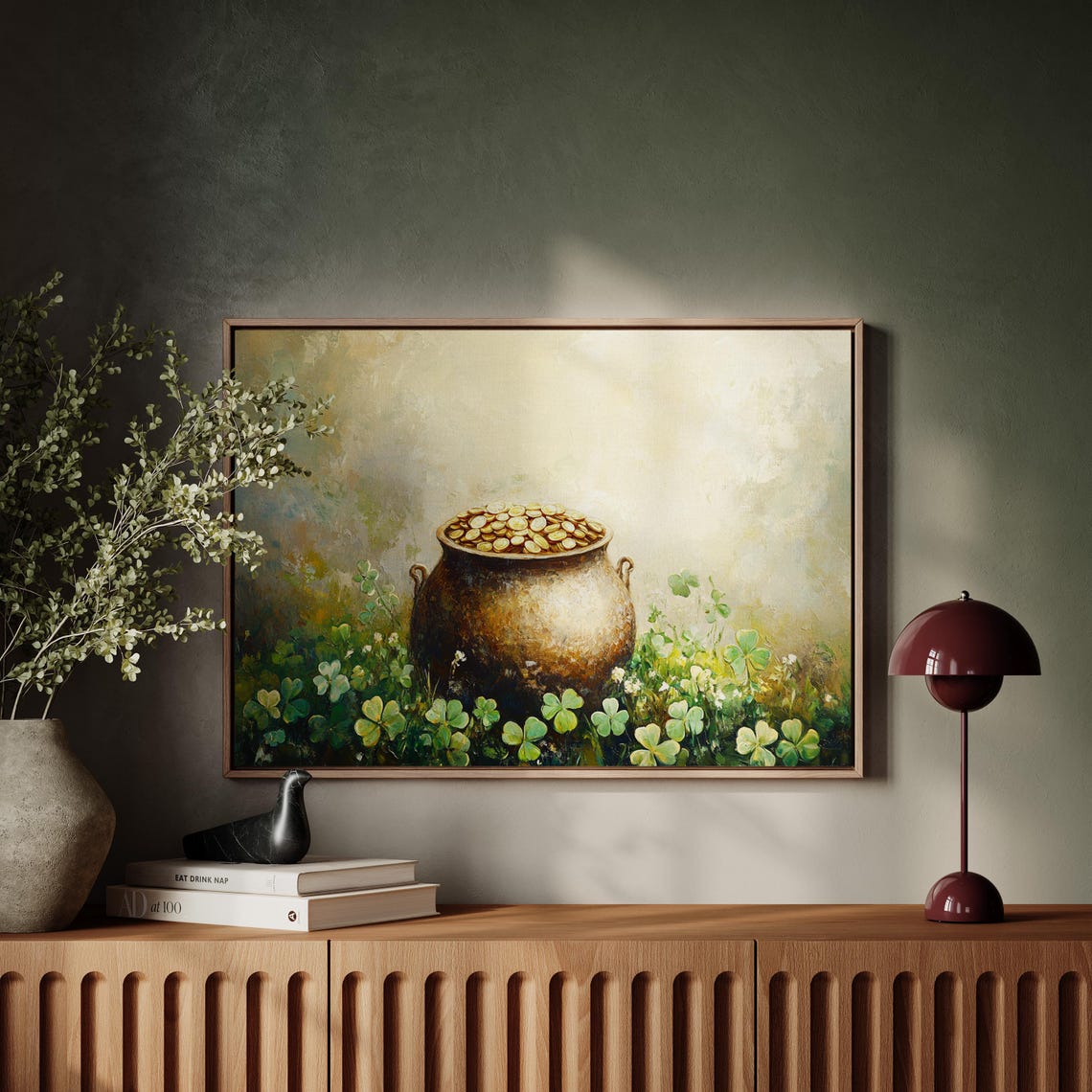 Golden Pot of Coins in Clover Field Impressionist Painting Wall Art - Image 6