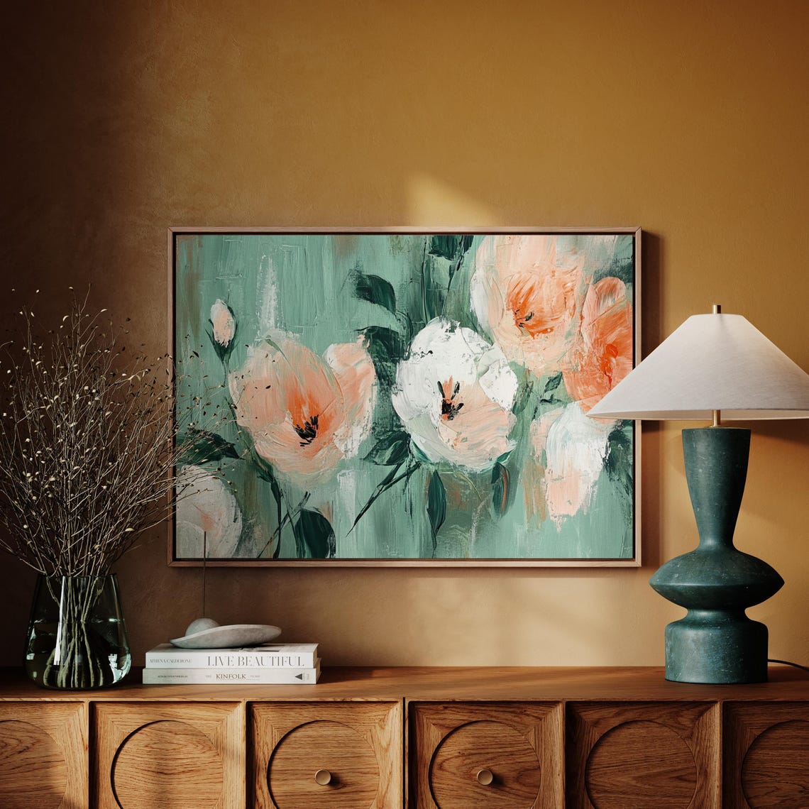 Peach White Poppy Blooms On Sage Green Modern Floral Art Poster