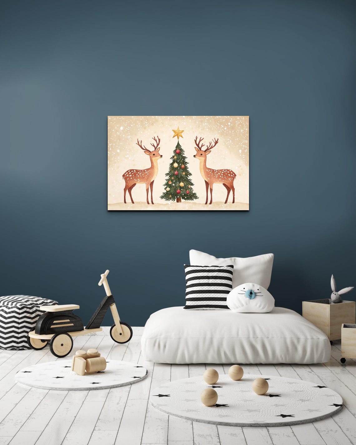 Two Deer Christmas Tree Gold Star Snowy Vintage Holiday Scene Poster - Image 5
