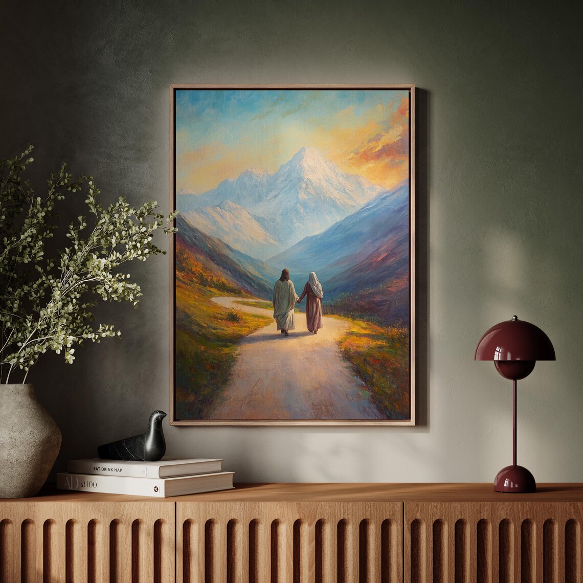 Jesus Walking With a Woman on a Mountain Path Beneath Snow Peaks Poster - Image 5