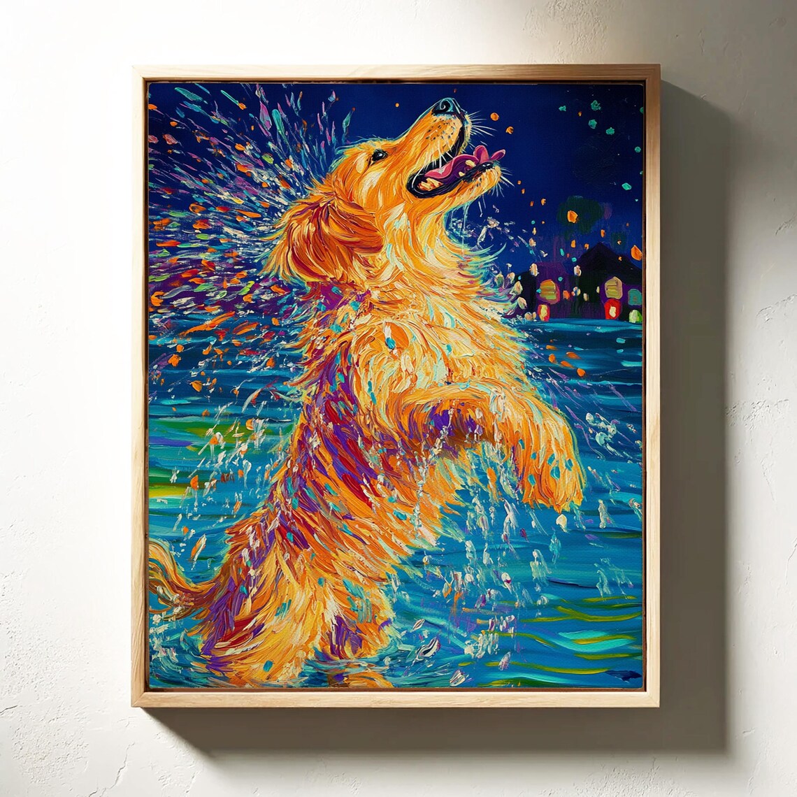 Colorful Dog Splashing Art Print, Playful Golden Retriever