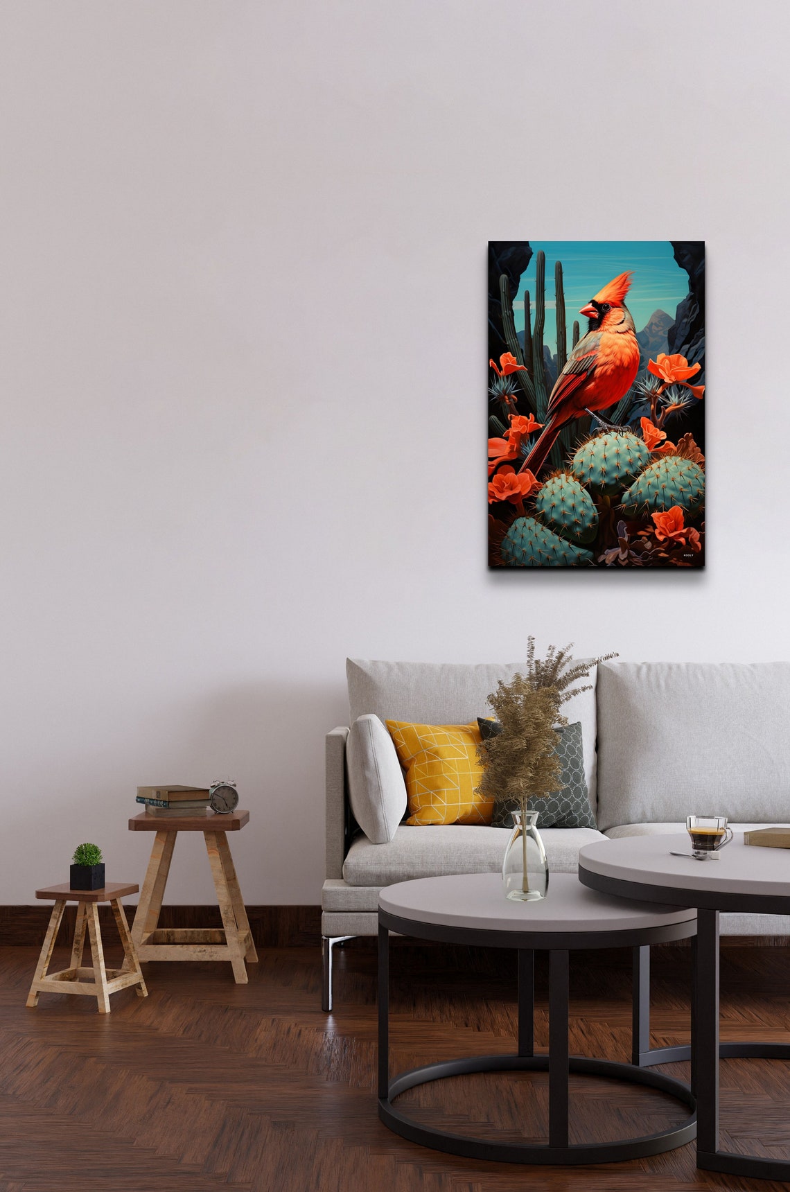 Male Northern Cardinal Perched on Cactus in the Desert Poster - Image 3