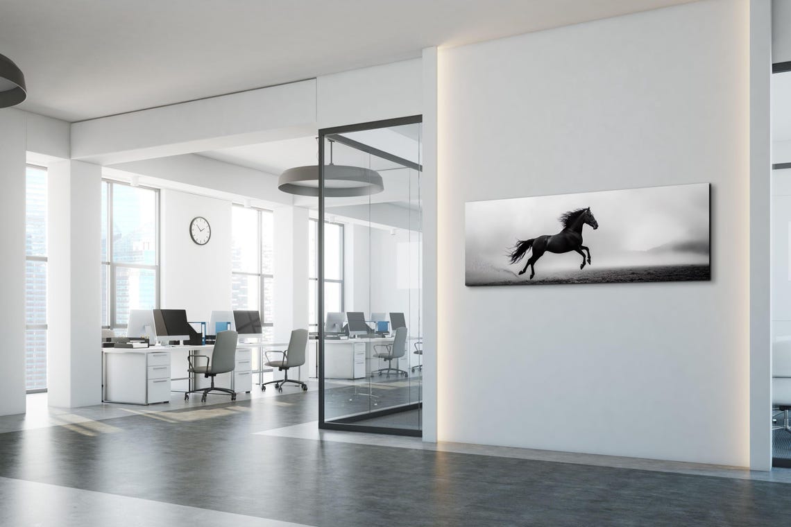 Black Horse Galloping Monochrome Misty Field Dramatic Art Poster - Image 4