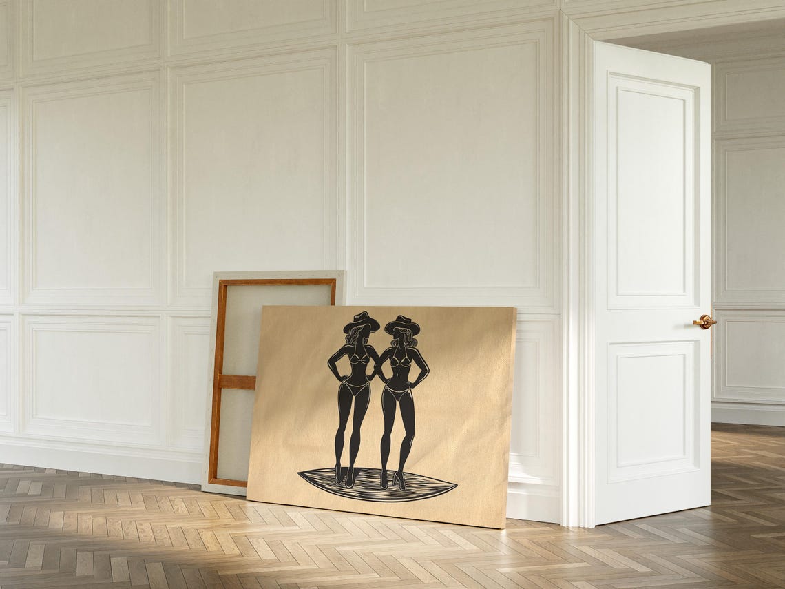 Cowgirl Silhouette Art Western Bikini Wall Decor Vintage Style Black And Beige Poster - Image 3