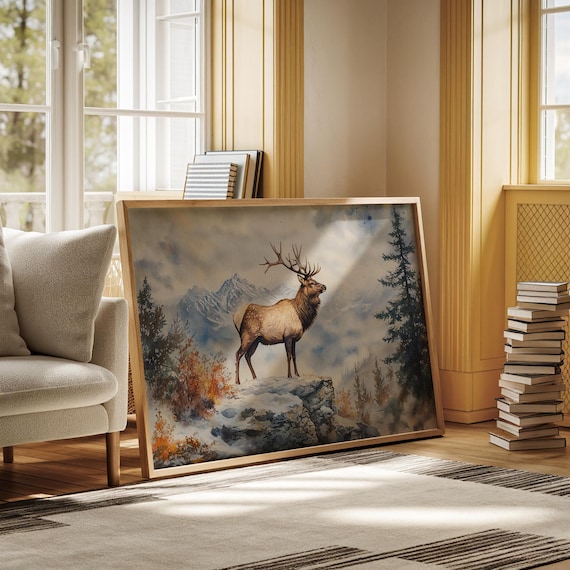 Majestic Elk In Snowy Mountain Landscape Canvas Wall Art Wildlife Nature Poster Rustic Cabin Decor Stag Painting Hanging