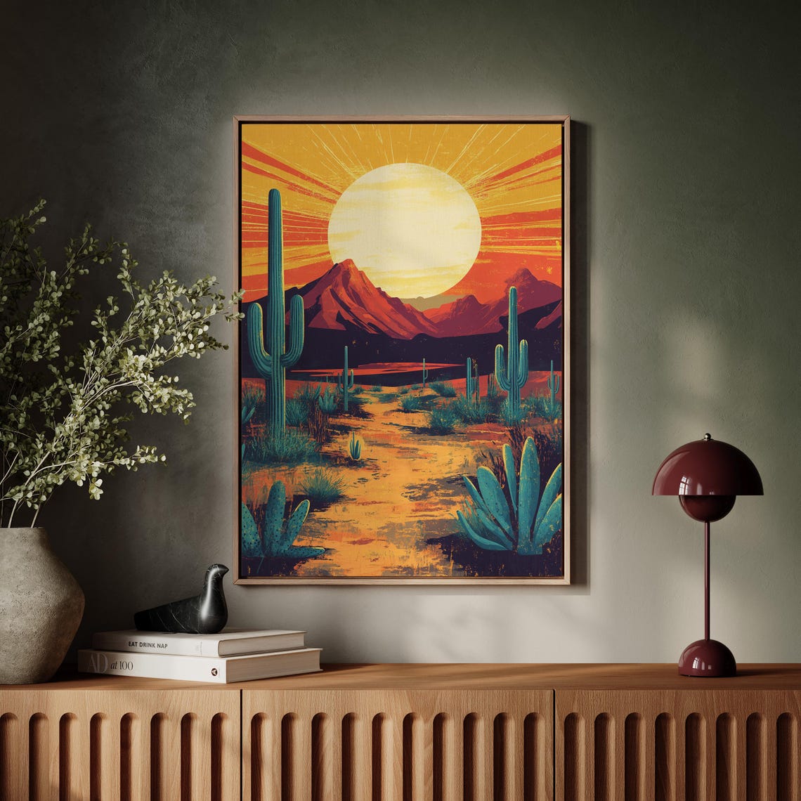 Bold Orange Sun Rising Over Red Mountain Cactus Desert Poster - Image 7