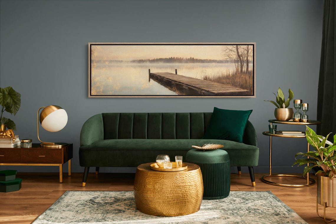 Rustic Dock Art Misty Lake Sunrise Wall Print Tranquil Nature Landscape Warm Golden Reflection Serene Water Scene Decor - Image 2