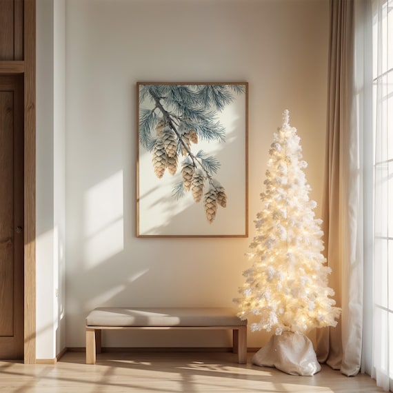 Snowy Pinecone Branch Winter Wall Art Print