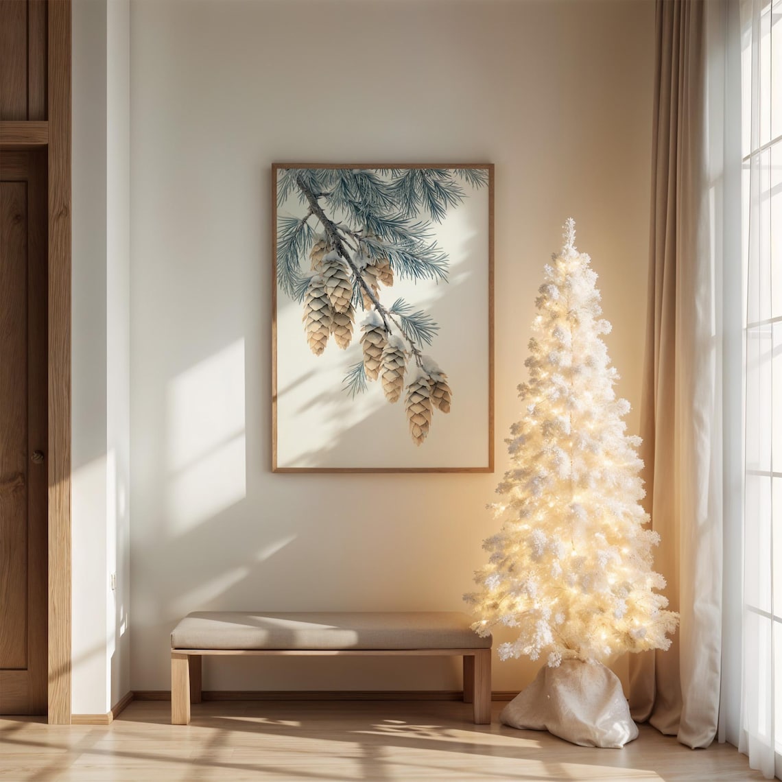 Snowy Pinecone Branch Winter Wall Art Print