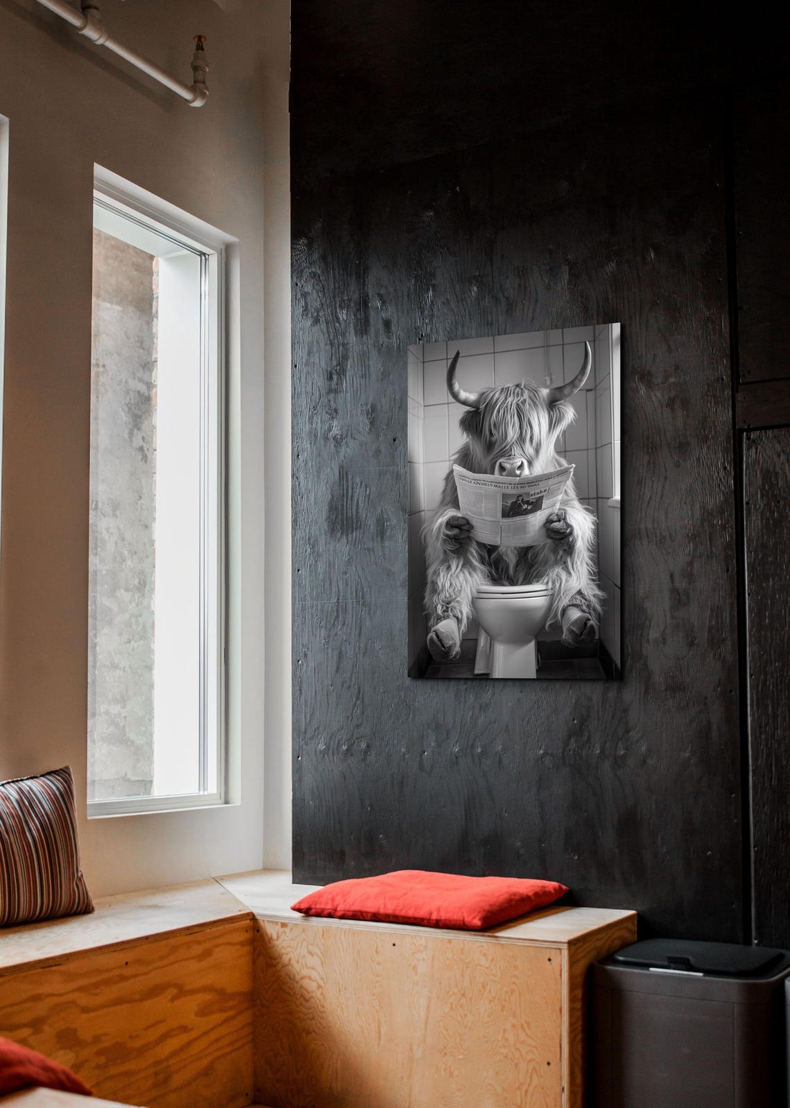 Funny Highland Cow On Toilet With Newspaper Bathroom Humor Poster - Image 3