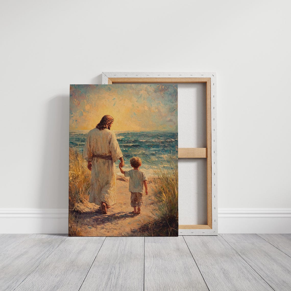 Jesus Walking With Child Sunset Ocean Path Christian Art Poster - Image 6