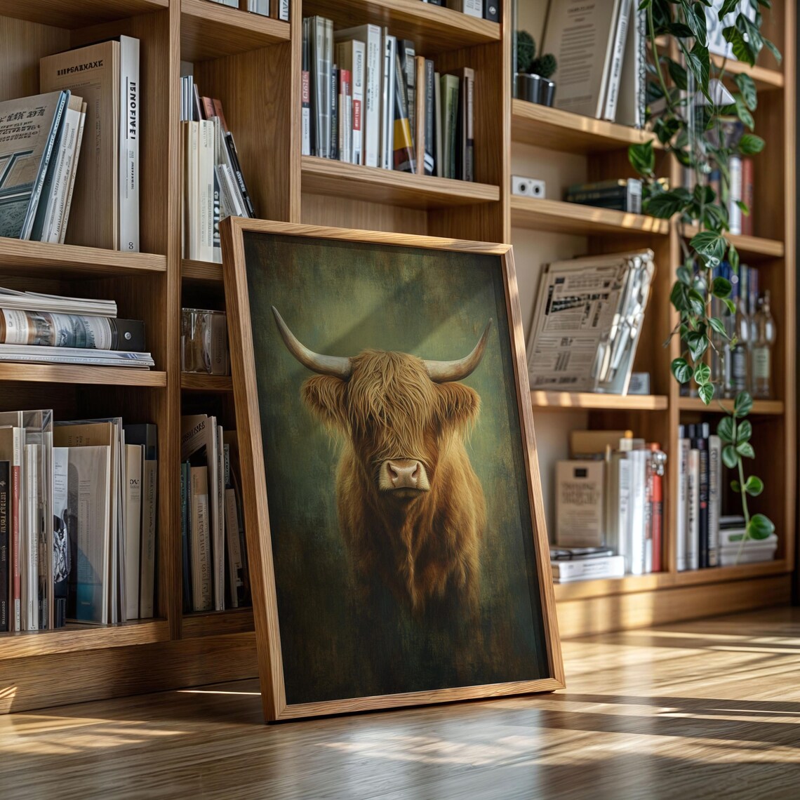 Rustic Highland Cow Portrait Vintage Oil Painting Style Animal Poster
