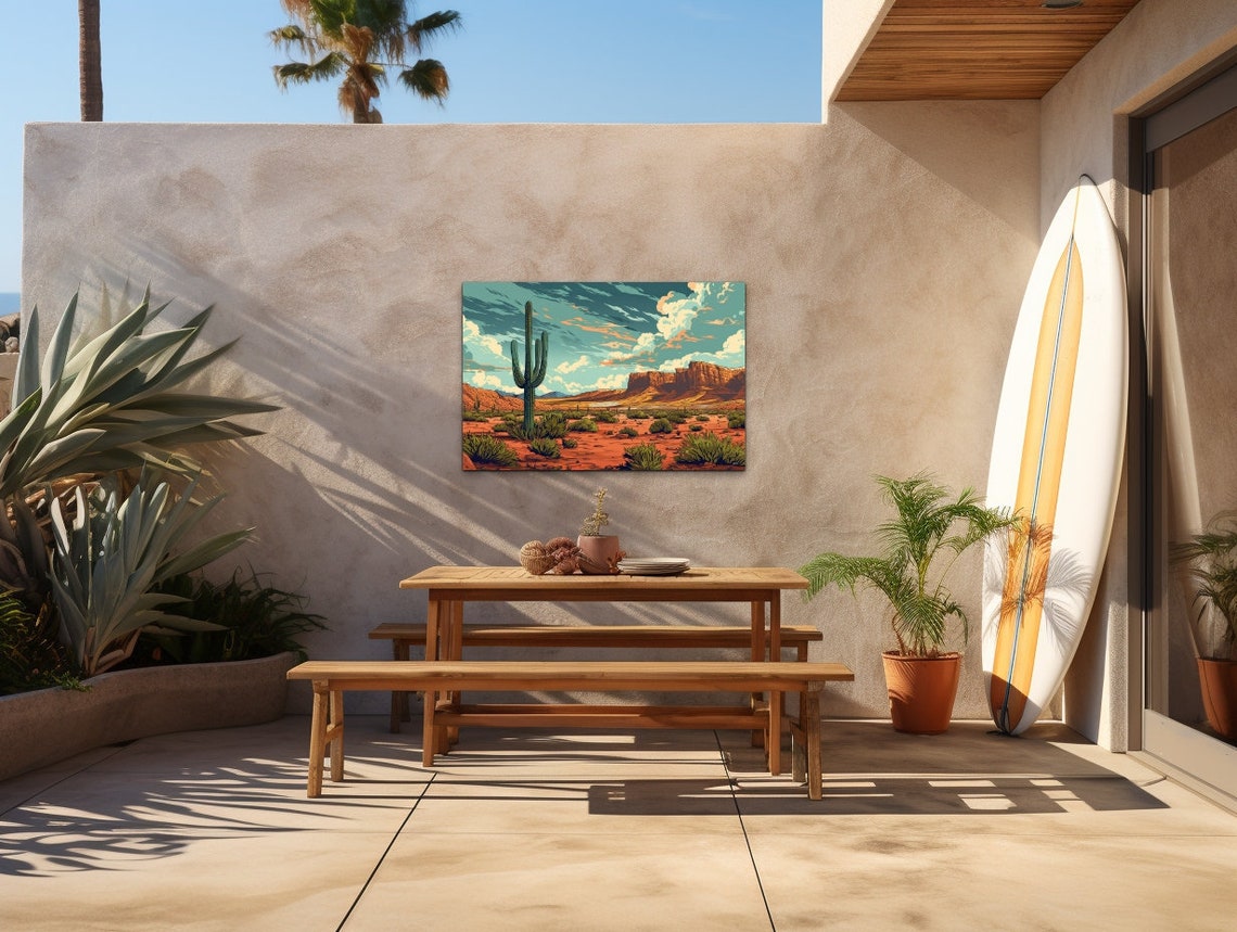 Retro Desert Illustration Saguaro Cactus Red Rock Mesa Wall Art - Image 7