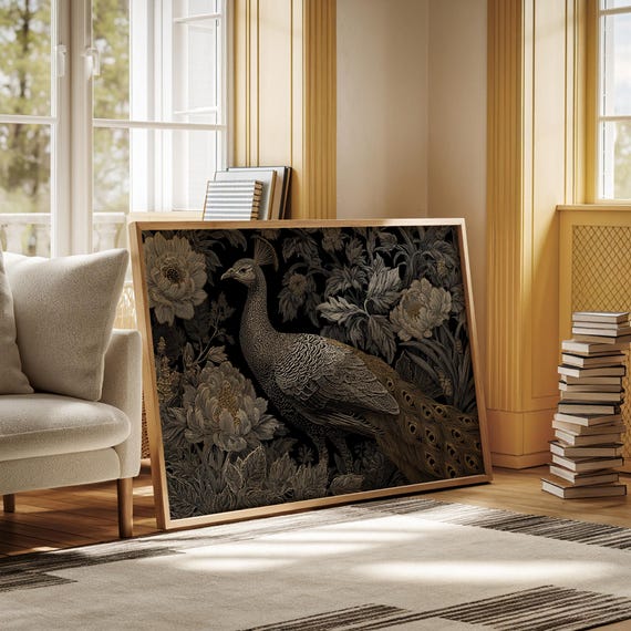 Elegant Peacock Canvas Wall Art Vintage Botanical Illustration Gold And Black Exotic Bird Print Luxury Floral Home Dcor