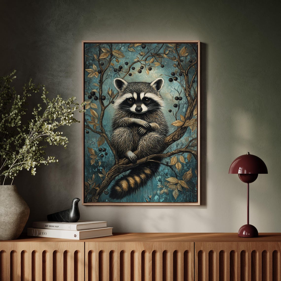 Raccoon Sitting on Branch With Berries Turquoise Wildlife Poster - Image 7
