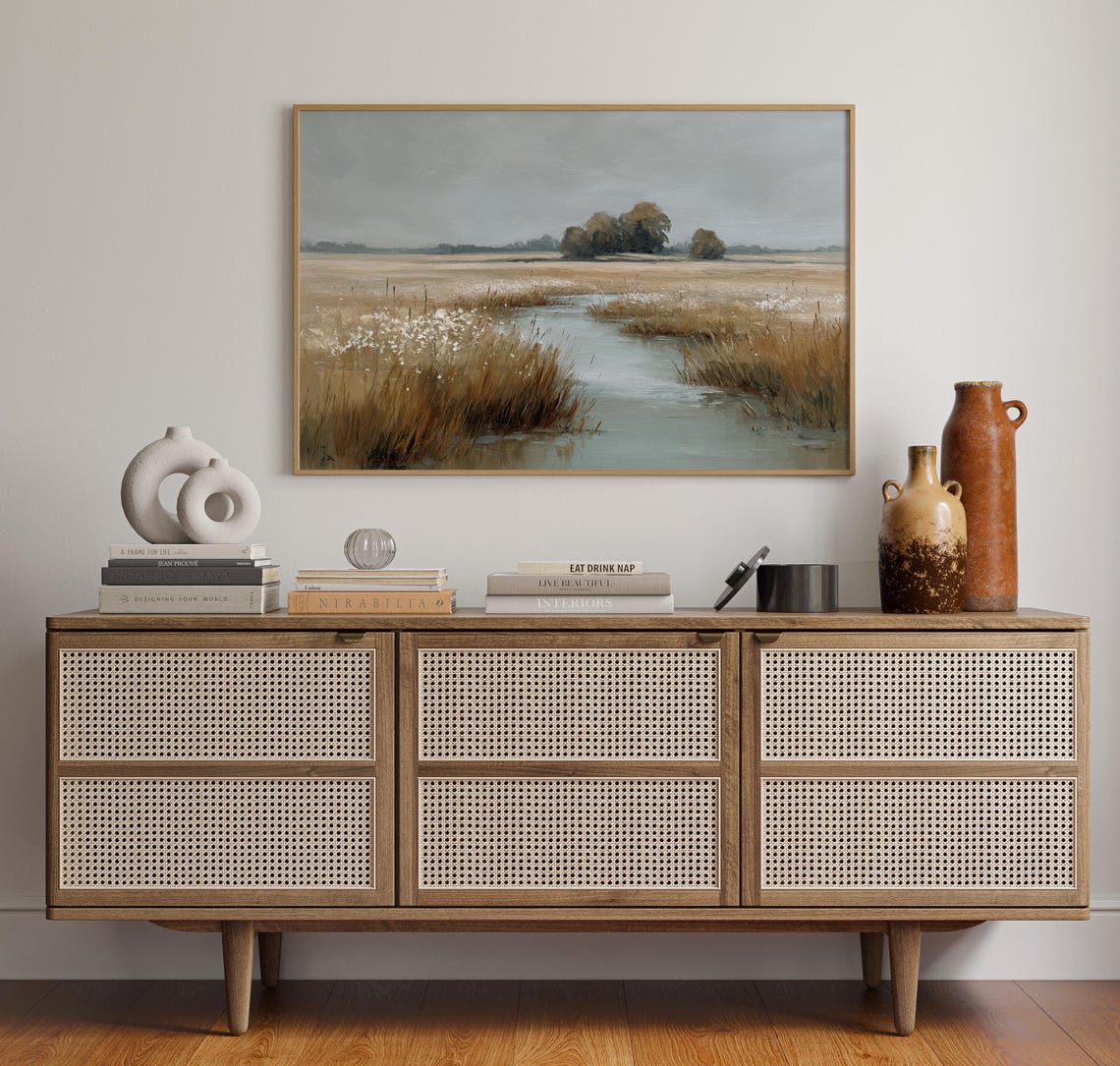 Serene Marshland Wetlands Misty Landscape Oil Painting Poster