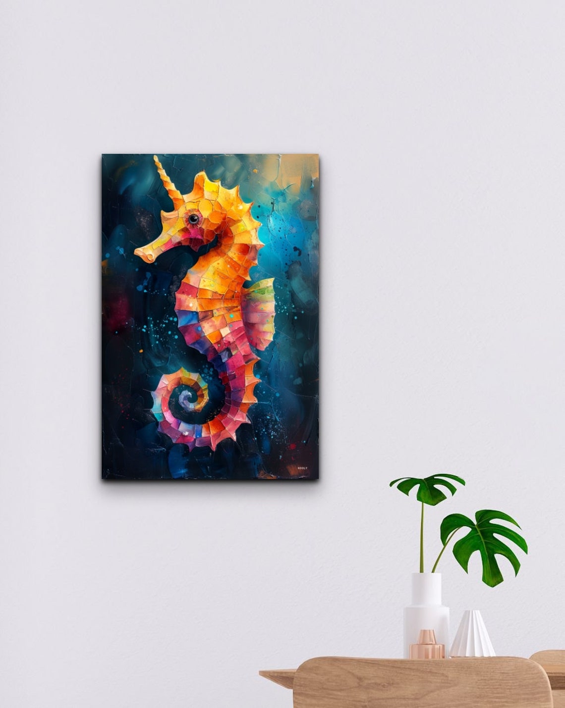 Colorful Mosaic Seahorse Orange Pink Dark Teal Ocean Art Poster - Image 6