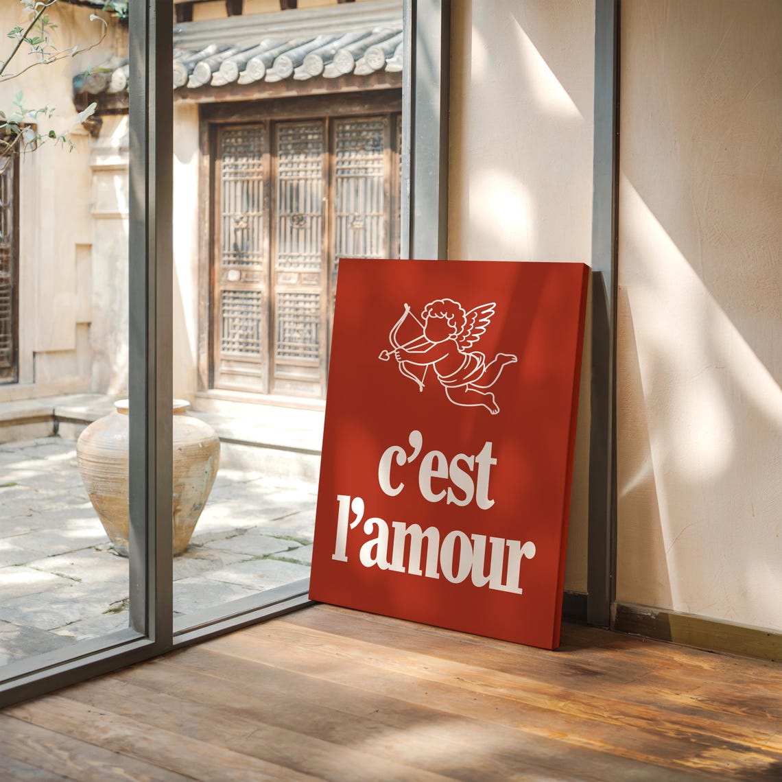 Cest Lamour French Cupid Line Art Romantic Red Typography Poster