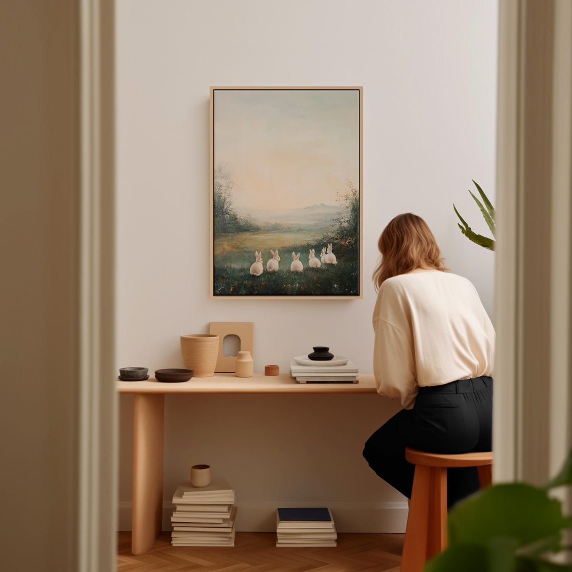 Five White Rabbits Facing Misty Meadow At Dawn Farmhouse Poster - Image 4