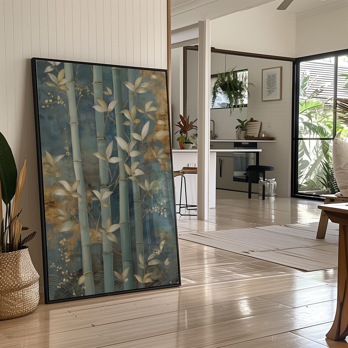 Elegant Bamboo Forest Gold and Teal Chinoiserie Botanical Painting Poster