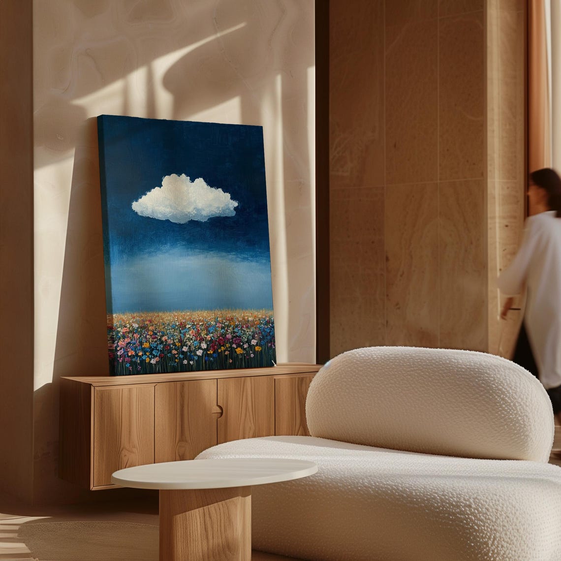 Lone White Cloud Over Wildflower Field Deep Blue Night Art Poster - Image 7