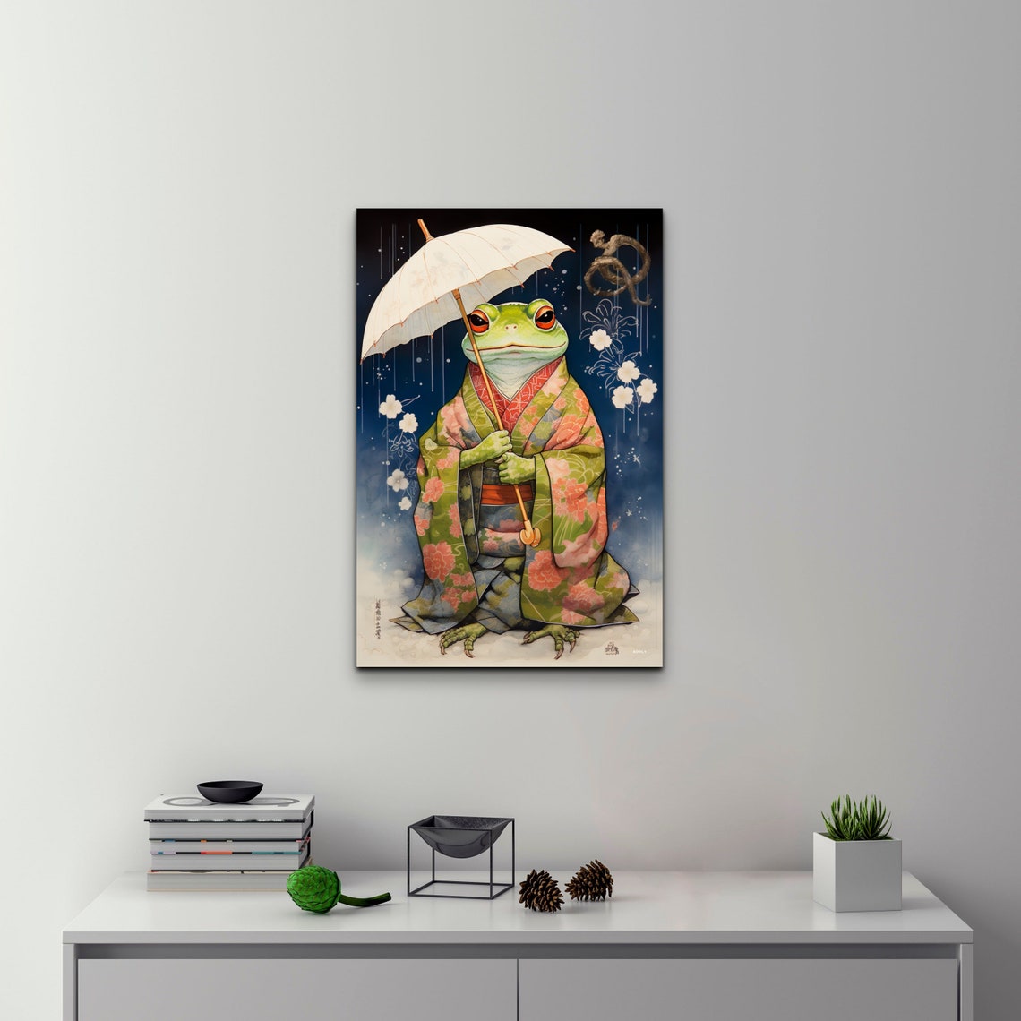 Japanese Frog In Kimono Holding Umbrella In The Rain Art Poster - Image 7