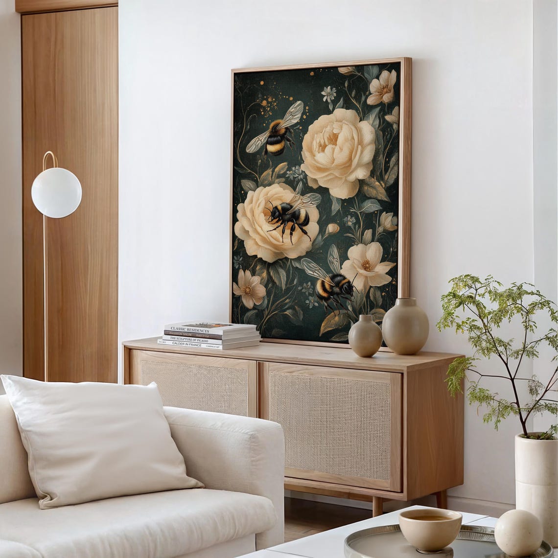 Three Bumblebees Among Cream Peonies Dark Botanical Art Poster - Image 4
