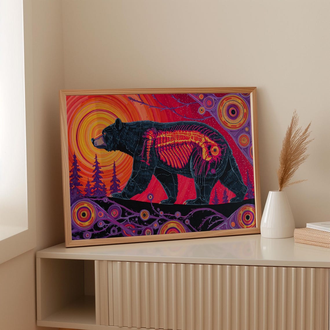 Cosmic Black Bear With Glowing Skeleton Neon Sunset Art Poster