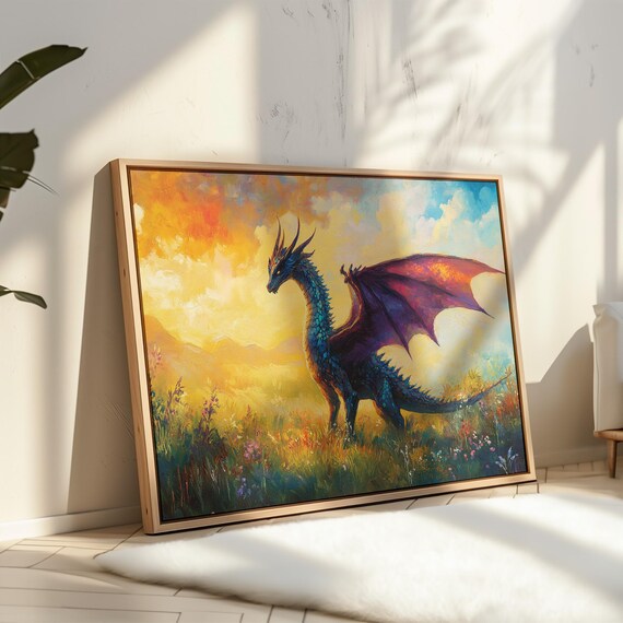 Majestic Blue Dragon Fantasy Wall Art With Vibrant Sunset Enchanting Dragon Decor For Kids Room Or Fantasy Lovers