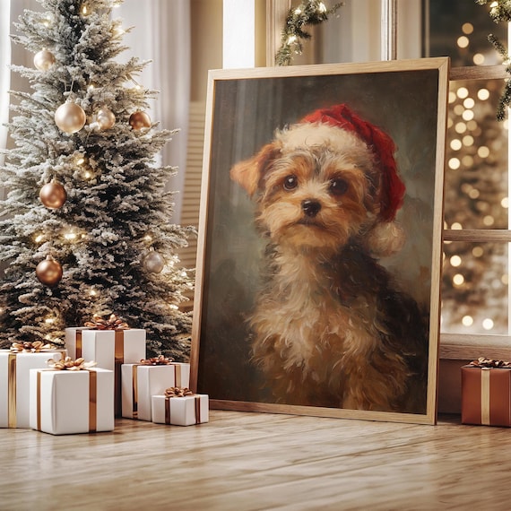 Christmas Puppy In Red Santa Hat Vintage Holiday Oil Painting Poster