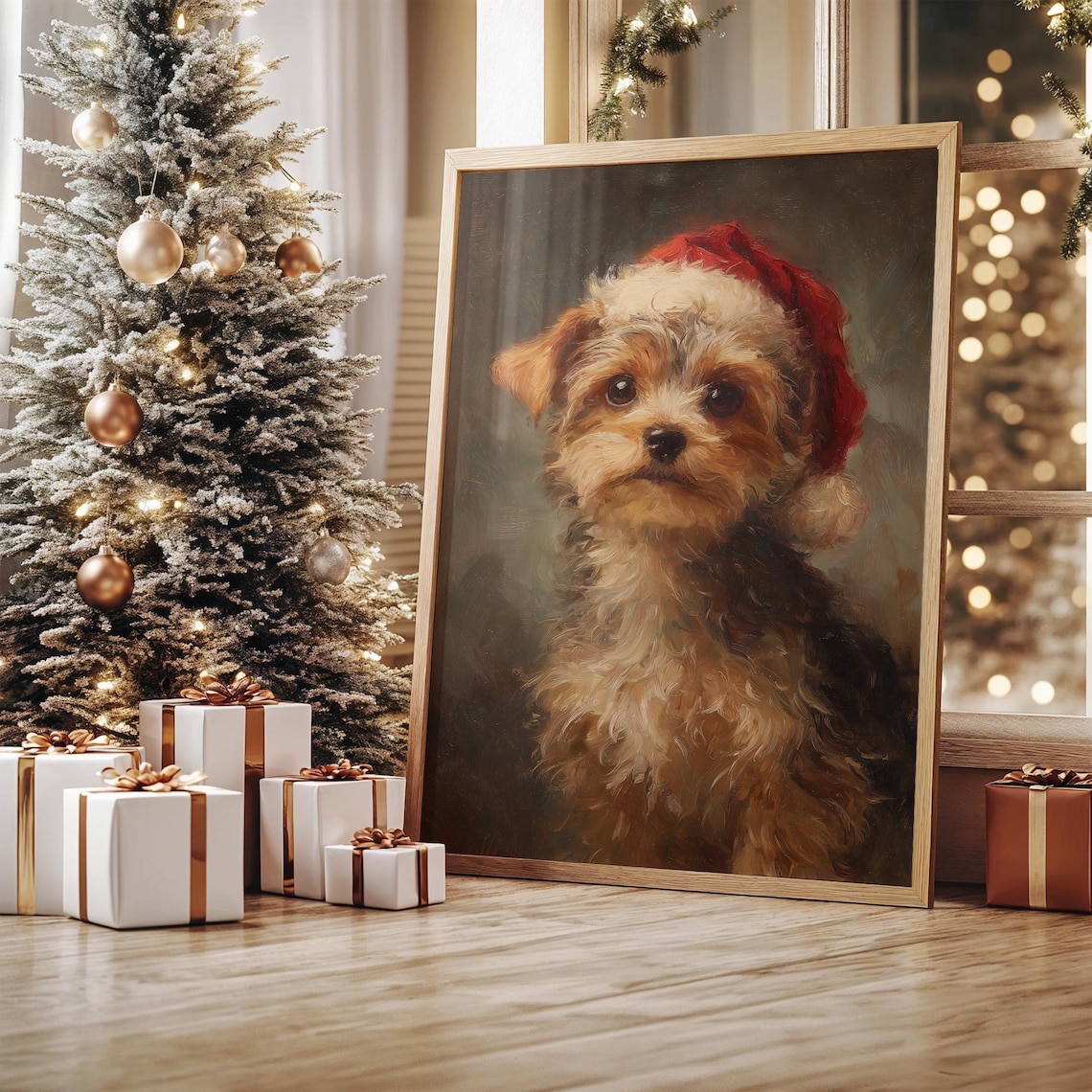 Christmas Puppy In Red Santa Hat Vintage Holiday Oil Painting Poster