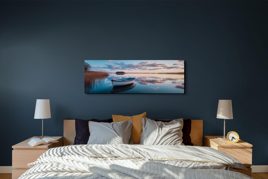 Wooden Rowboat Floating on a Glassy Sunset Lake in Panoramic View Poster - Image 6