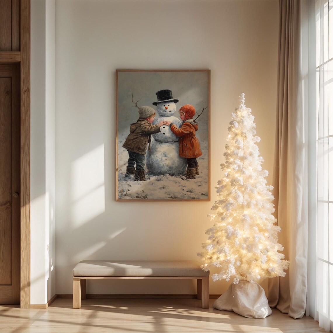 Children Building Snowman, Winter Day Art Print