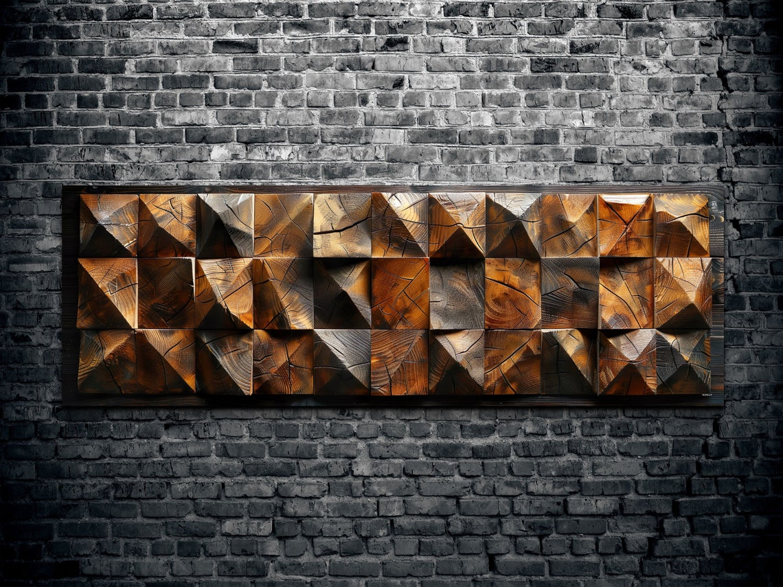Star Pattern Carved Wooden Blocks Rustic Panoramic Art Poster - Image 2