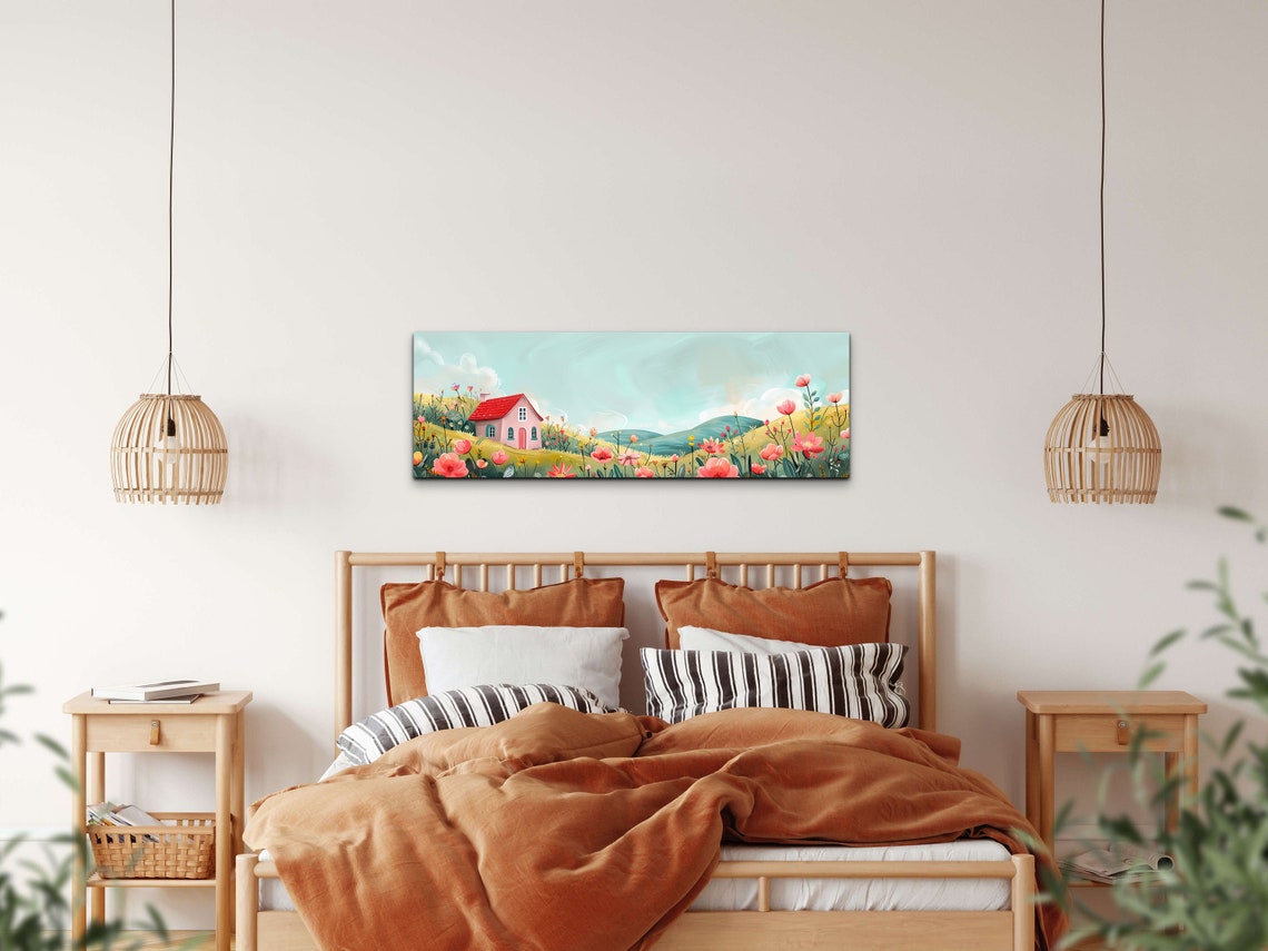 Pink Cottage on Flower Hill Pastel Folk Art Landscape Poster - Image 7