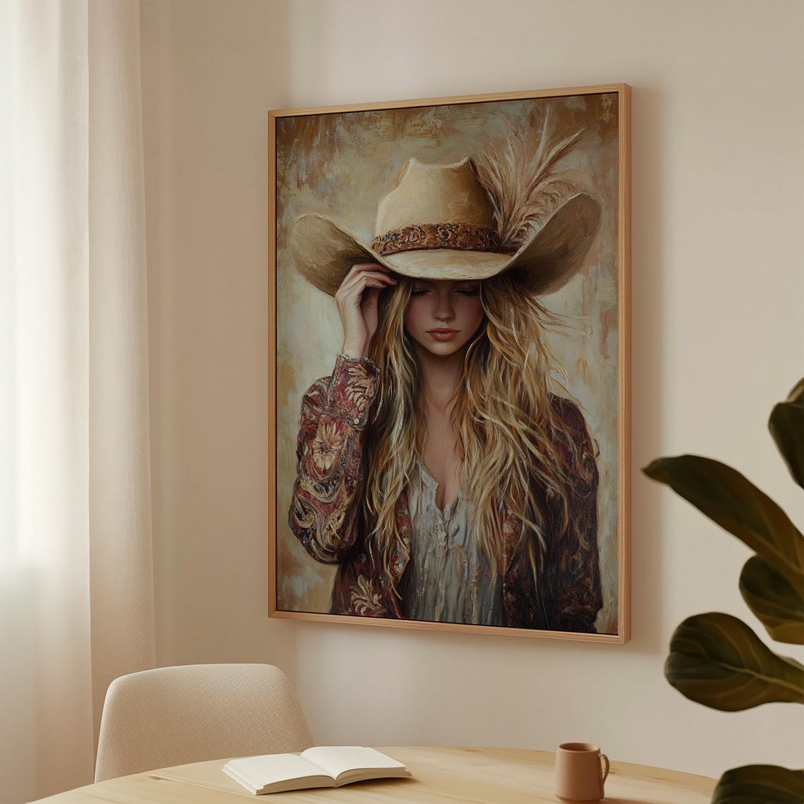 Western Cowgirl Tipping Her Feathered Hat Rustic Portrait Poster