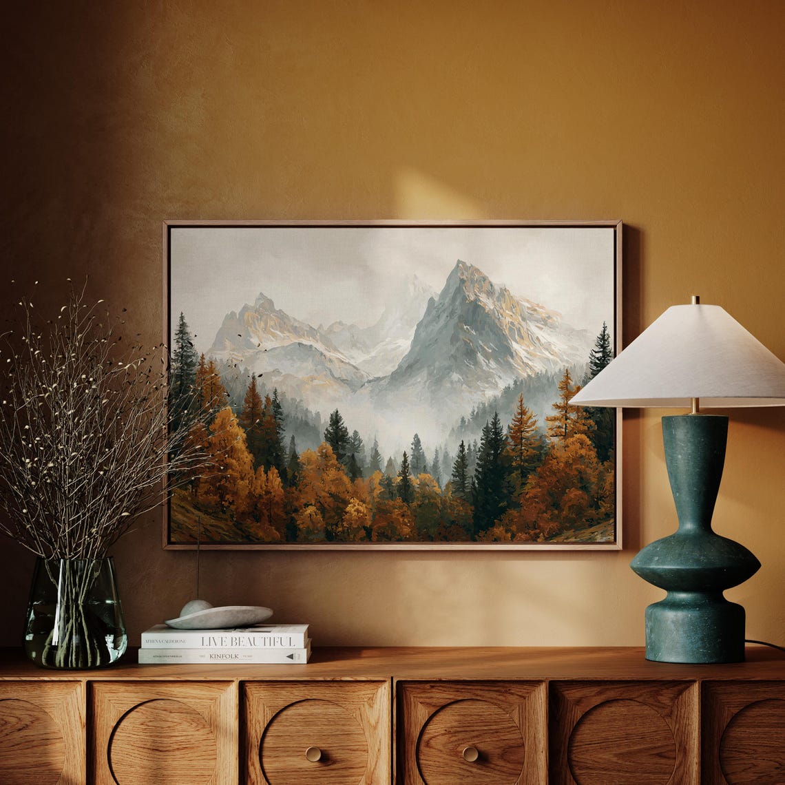 Foggy Autumn Mountain Landscape Misty Peaks Golden Forest Poster