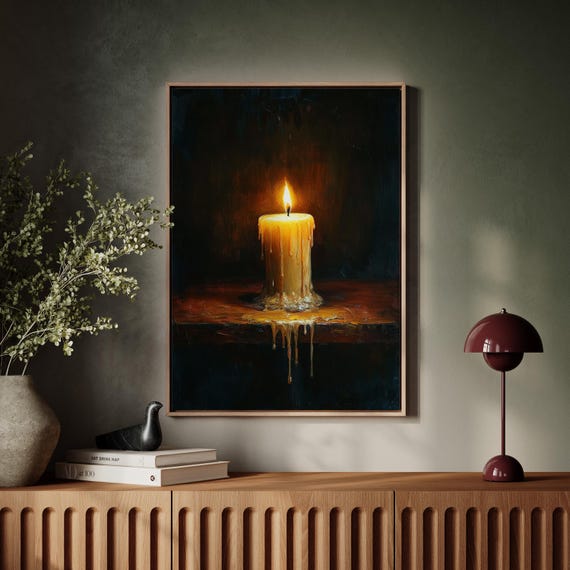 Rustic Dripping Candle Warm Glow Oil Painting Art Print