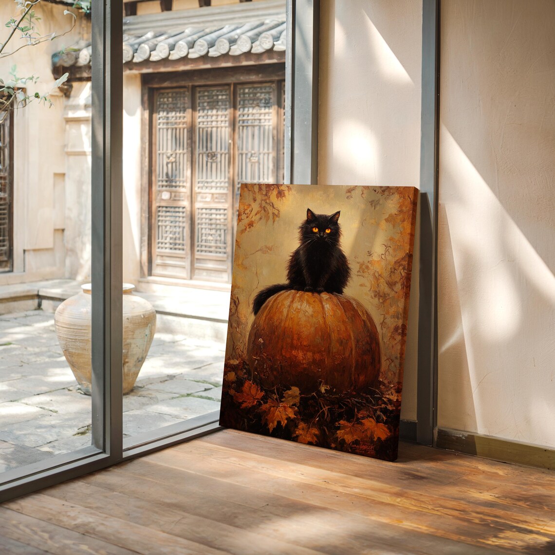 Black Cat On Pumpkin, Cozy Fall Halloween Art - Image 5