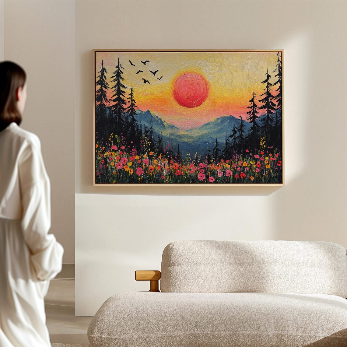 Golden Sunset Over Mountain Meadow With Wildflowers And Birds Poster - Image 4