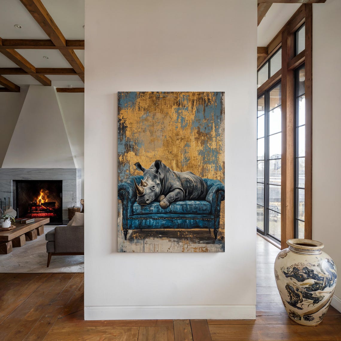 Relaxed Rhino Lounging on a Blue Velvet Couch Gold Art Poster - Image 4