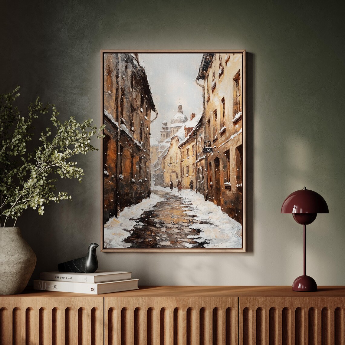 Snowy European Old Town Street in Winter Oil Painting Poster - Image 5