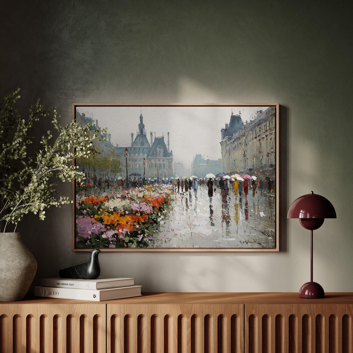 Rainy Paris Street Scene with Umbrellas and Flower Stalls Poster