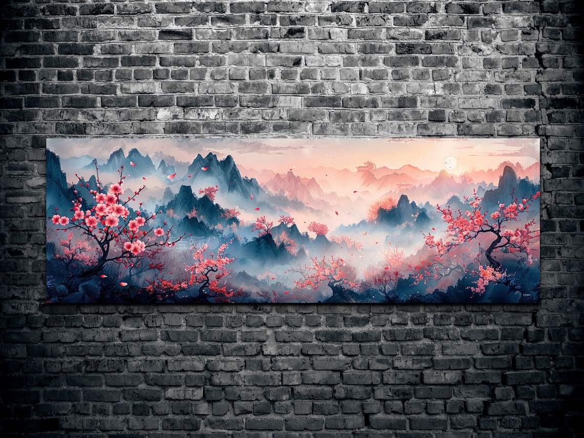 Pink Cherry Blossoms Over Misty Asian Mountains at Sunrise Poster - Image 2