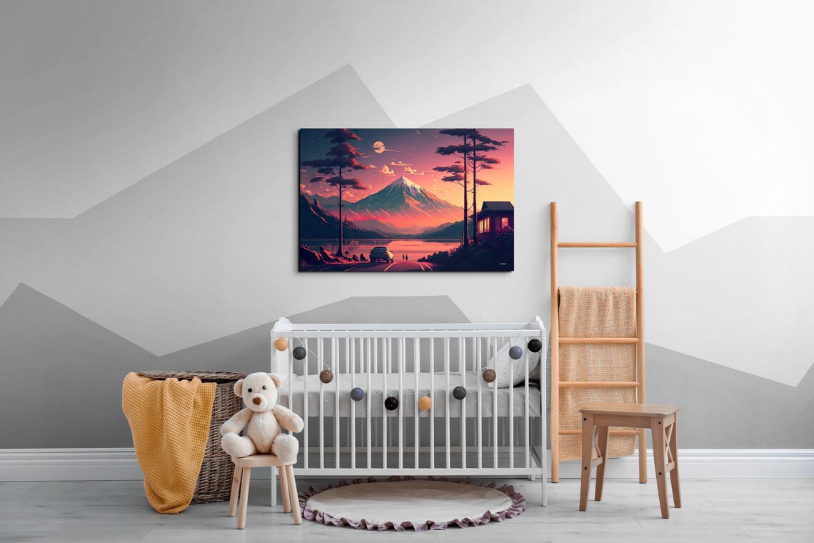 Lofi Scenery Orange Sunset Mountain Art Print - Image 3
