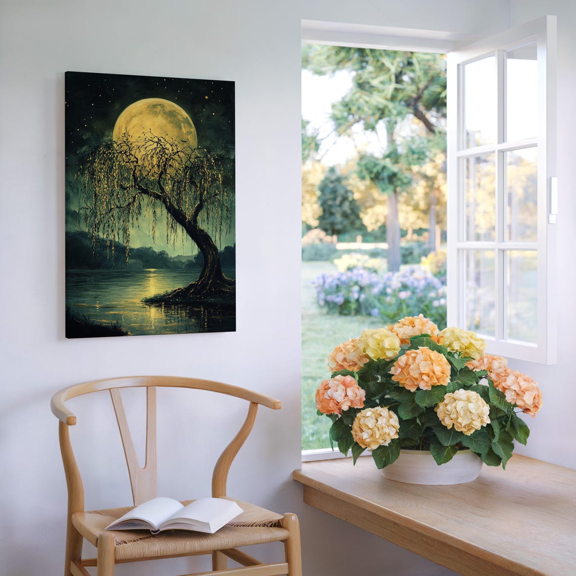 Moonlit Willow Serene Nightscape With Weeping Tree And Full Moon Reflection Mystical Nature Wall Art For Peaceful Decor - Image 5