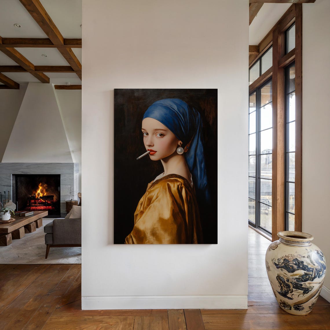 Girl With Pearl Earring Smoking Edgy Pop Art Parody Painting Poster - Image 4